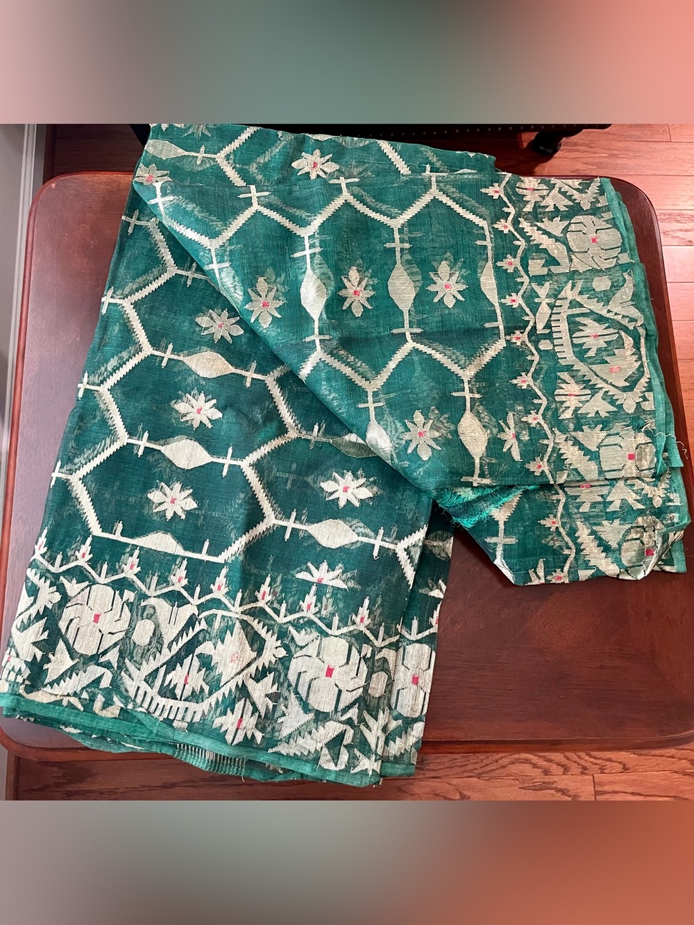 Emerald Green Floral Jacquard Saree with Cream Motifs